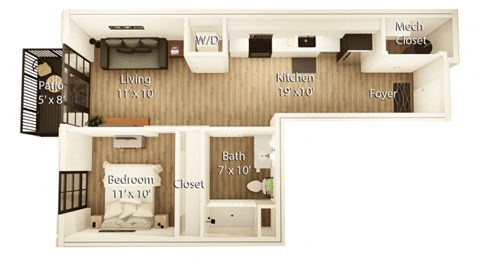 Floor plan for studio, 1 bath, 631 sqft
